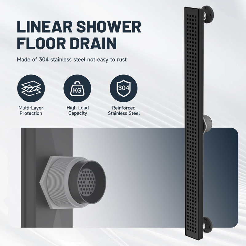 32 po Drain de douche linéaire en acier inoxydable avec couvercle de drain carré, Noir mat