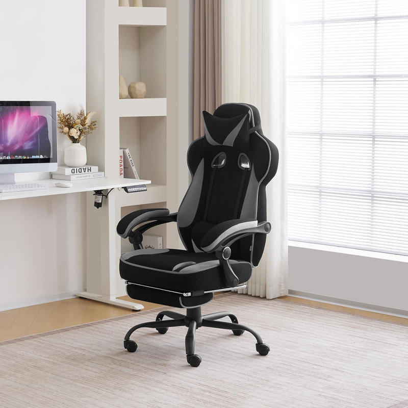 Inbox Zero Adjustable Reclining Ergonomic Swiveling PC & Racing Game Chair with Footrest, Grey/Black