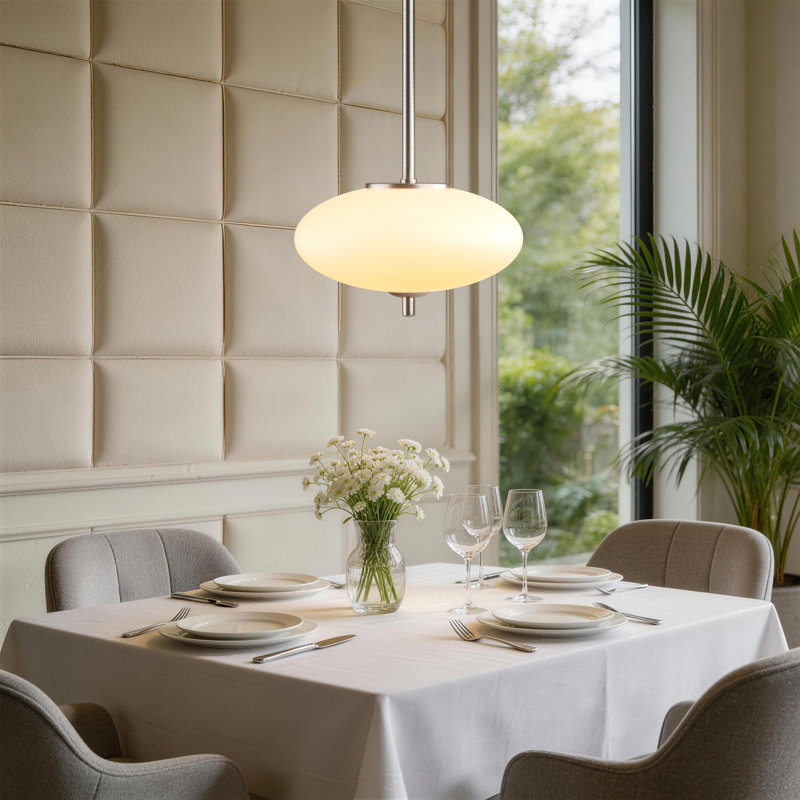Lustre moderne à 1 lumière DEL en laiton pour couloir / îlot de cuisine Parlait. Abat-jour en verre blanc., Nickel brossé