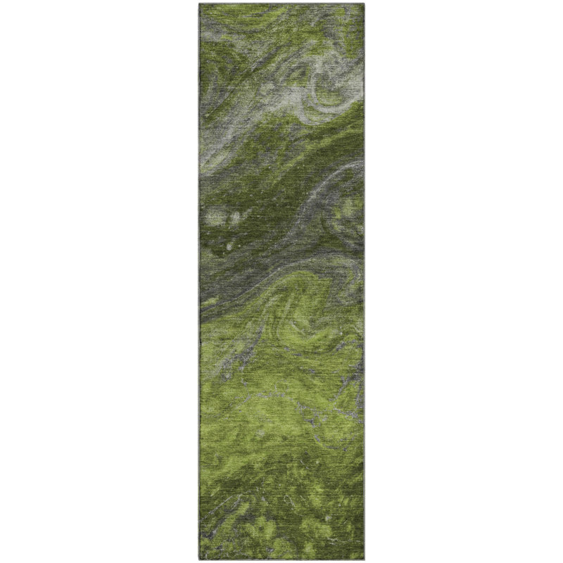 Premium Machine Washable Cerrito AMF599 Green Rug, Runner 2'3" x 7'6"