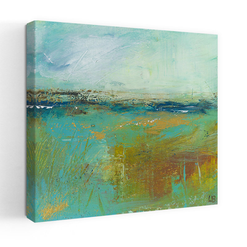 Turquoise et or 2, paysage abstrait contemporain, art naturel, H 48 po x l 48 po