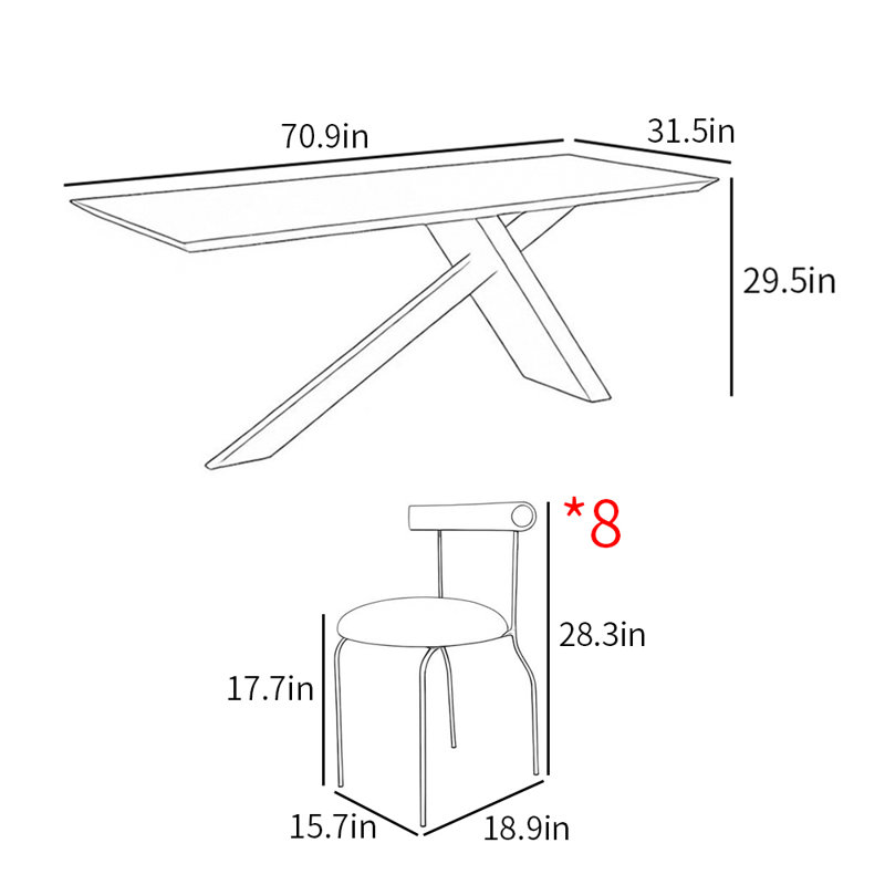 Ensemble de table de salle à manger rectangulaire de style français, Noir, H 29,5 po x L 70,9 po x l 31,5 po