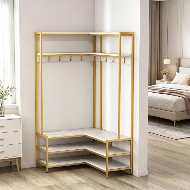 Portant à vêtements en forme de L, support à vêtements de coin autoportant avec banc à chaussures, rangement pour garde-robe peu encombrant pour chambre à coucher