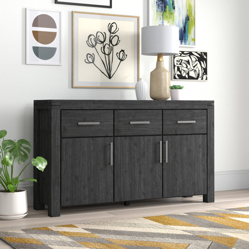 Buffet en bois d'acacia à 3 tiroirs de 63 po de largeur Lia, Gris foncé