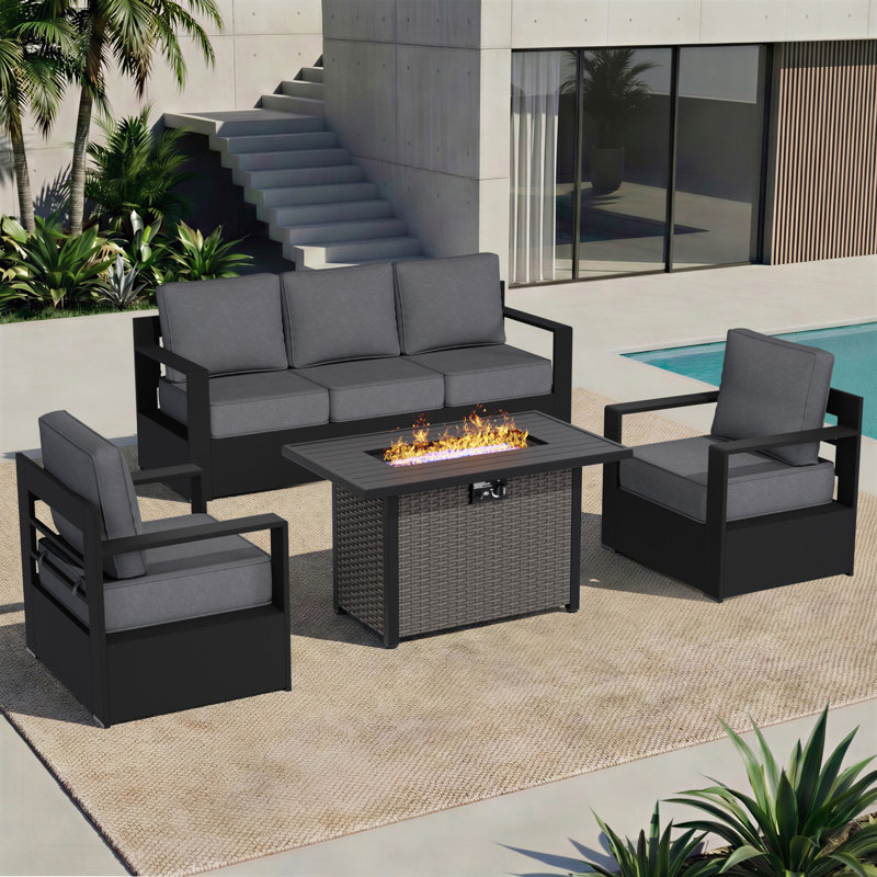5-Piece Aluminum & Iron Outdoor Lounge Set with Plush Cushions and Convertible Fire Pit Table, Gray, Black/Gray