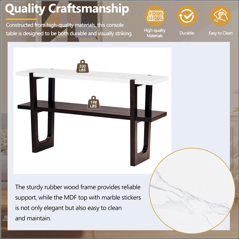 Espresso Wood Console Table with Marble-Effect Top and Storage Shelf