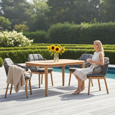 5-Piece Outdoor Dining Set | Solid Teak Table & 4 Hand-Brushed ALU Rope Armchairs with Cushions
