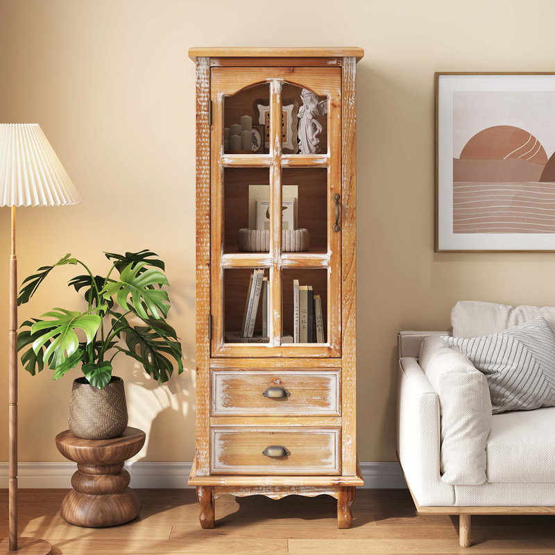 Armoire de rangement en bois rustique avec porte découpée et 2 tiroirs, Brun antique