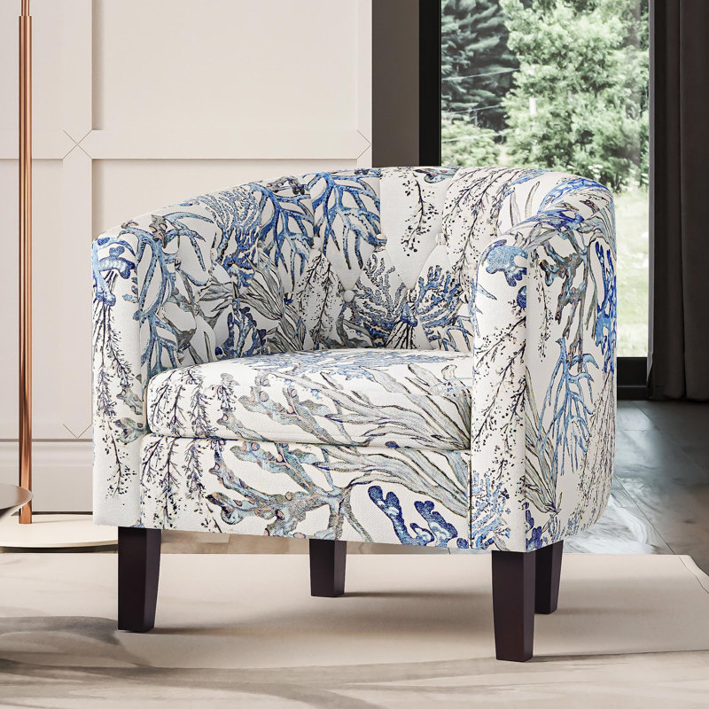 Fauteuil demi-tonneau capitonné en lin Evelie 28,25 po Evelie, Corail bleu