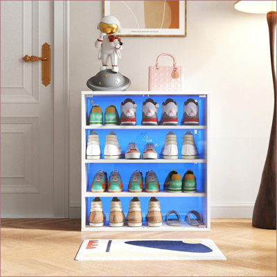 Boîte de rangement pour chaussures avec lumières DEL RVB, organisateur empilable à 4 niveaux avec porte en verre trempé | Minimaliste | Panneau de particules et panneau de fibres à densité moyenne