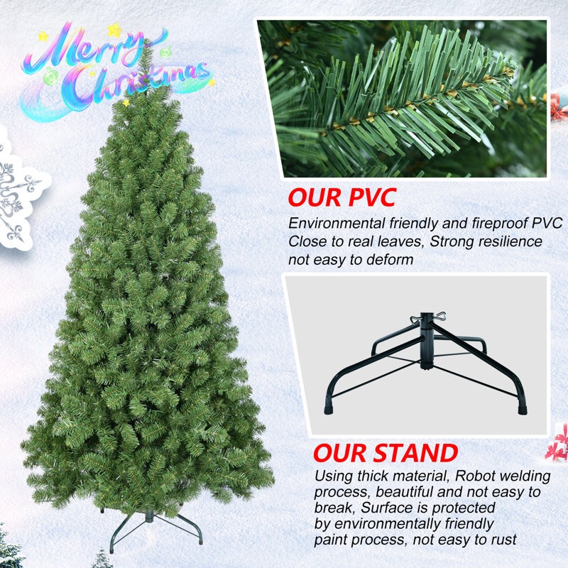 Arbre de Noël 7,5 pi avec fil mémoire, 1200 pointes - PVC vert facile à installer, H 7,5 pi, Green