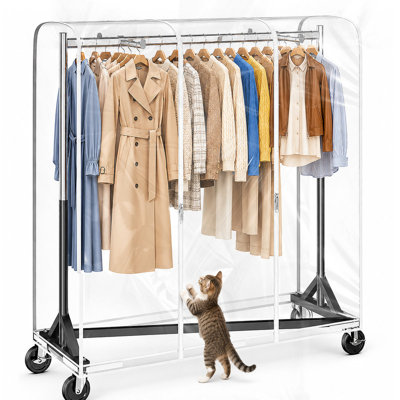 Support à vêtements robuste à base en Z commercial, support de vêtements en acier d'une capacité de 500 lb avec 2 bras de présentation, hauteur réglable de 60 à 72 po, housse de protection transparente pour le rangement et la maison, argent