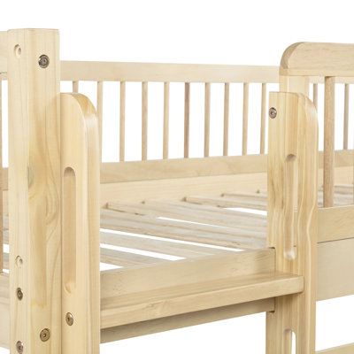 Lit superposé simple au-dessus de simple en bois de pin avec 2 tiroirs, convertible en 2 lits simples, lit superposé simple au-dessus de simple avec échelle et barrières de sécurité, naturel