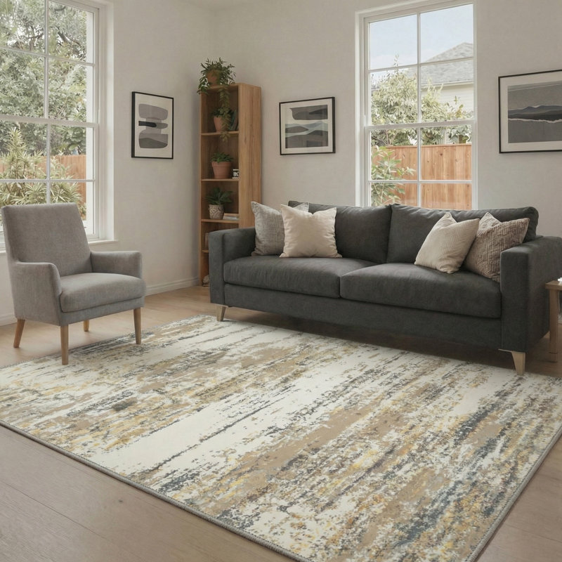 Aura Abstract Strokes Machine Washable Sand Beige Indoor Area Rug With Non-Slip Backing, Rectangle 5' x 7'