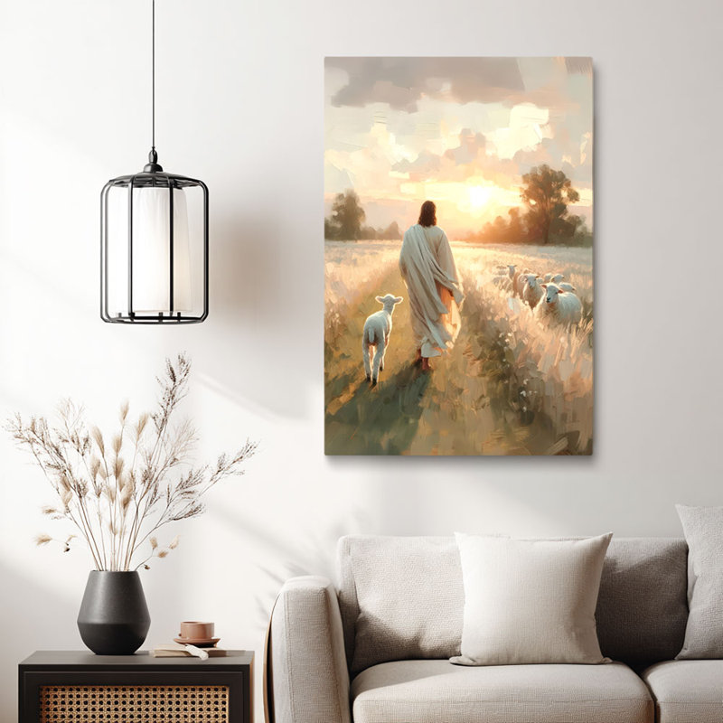 Impressionniste «Jésus comme berger avec des agneaux au coucher du soleil (ton chaud)» Cadre tendu d'art en toile Good Shepherd pour studio confortable