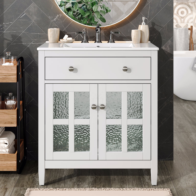 Meuble-lavabo de 30 po avec lavabo en céramique, tablette réglable et plateau basculant, meuble-lavabo avec pieds en bois massif, poignées en métal argenté et charnières à fermeture en douceur