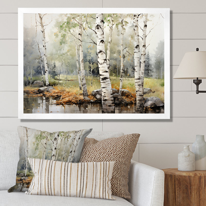 «Green Birch Wood Beauty I - Tree Birch», reproduction sur toile encadrée, H 30 po x l 40 po x P 1,5 po, Cadre simple blanc