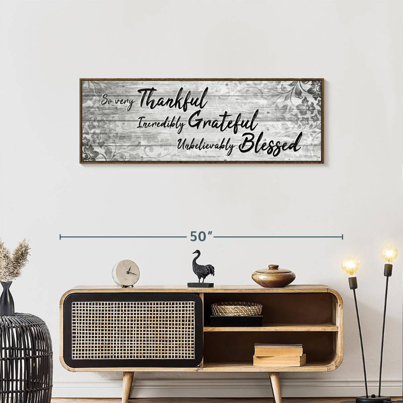 Plaque murale «Thankful Grateful Blessed IV», 43 po x 15 po, Cadre flottant noyer
