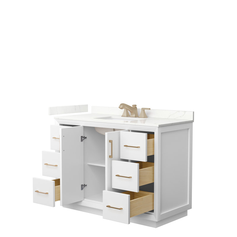 Meuble-lavabo simple 48 po avec plateau Strada, Quartz Giotto, Blanc, Bronze satiné