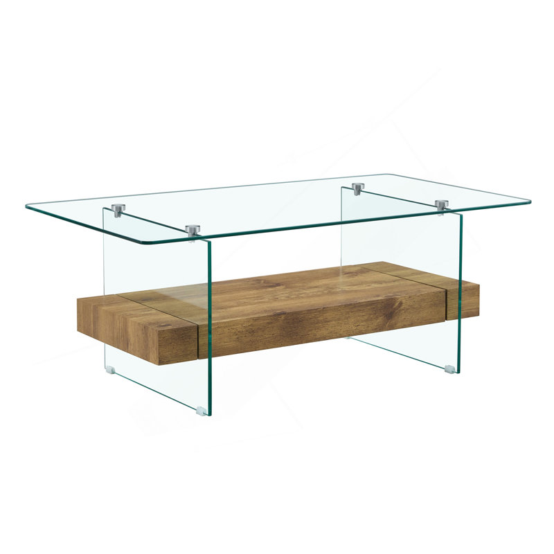 Table basse flottante Ectangular, pieds en verre de couleur bois, pieds en verre naturel, Bois naturel