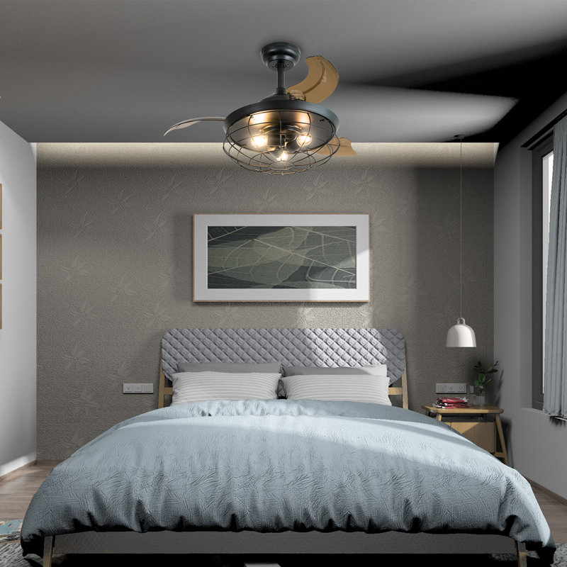 Ventilateur de plafond 36 pouces rétractable avec 36 modes de fonctionnement et 2 tiges de descente noir mat avec lumières