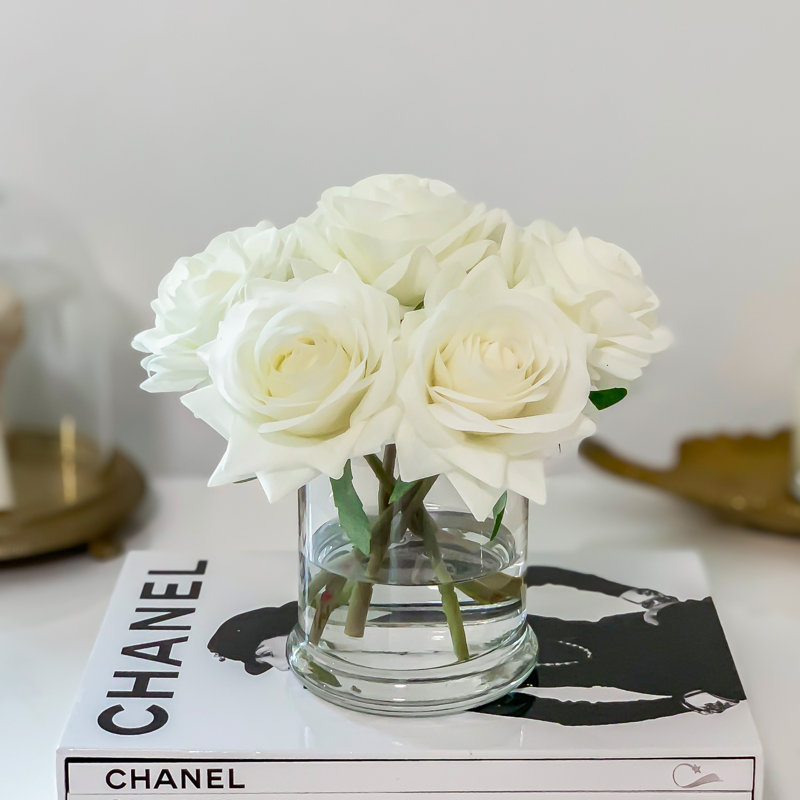 Real Touch Rose Arrangement In Glass Vase, White