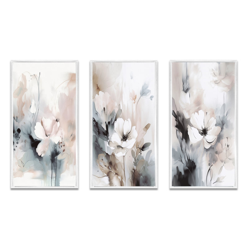 «Delicate Gray Flowers», 3 pièces sur toile, Cadre flottant blanc, H 32 po x l 48 po