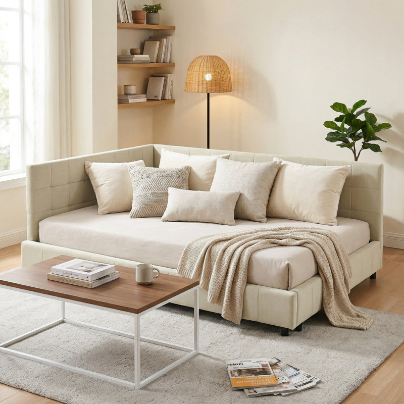 Modern Upholstered Daybed with Channel-Tufted Backrest, queen Size, Beige