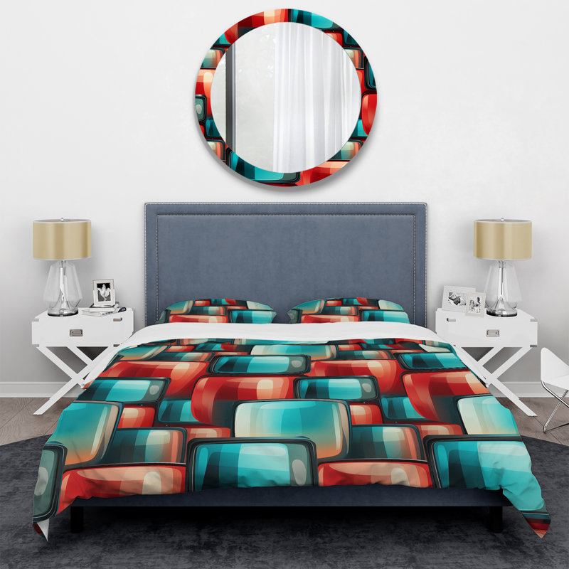 Ensemble de housse de couette rouge et cyan Popart Retro Tv, Housse de couette simple + 1 taie décorative stan