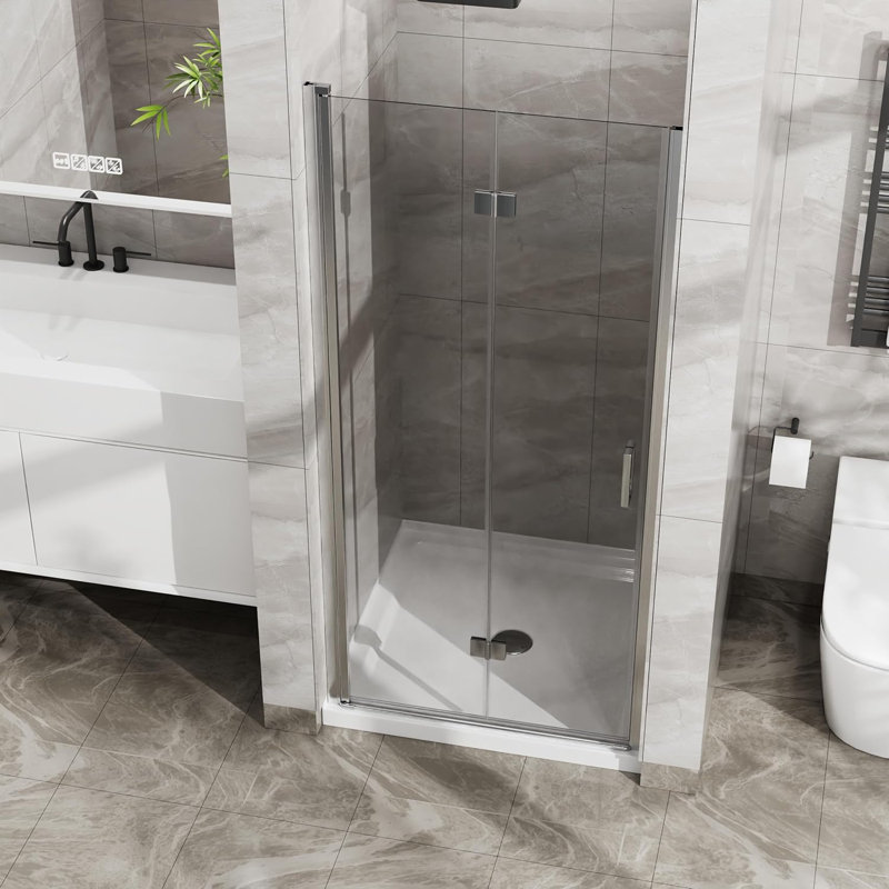 Porte de douche pliante l 34 po x H 72 po, portes de douche semi-sans cadre avec verre trempé clair de 1/4 po (6 mm), installation réversible (finition chromée)
