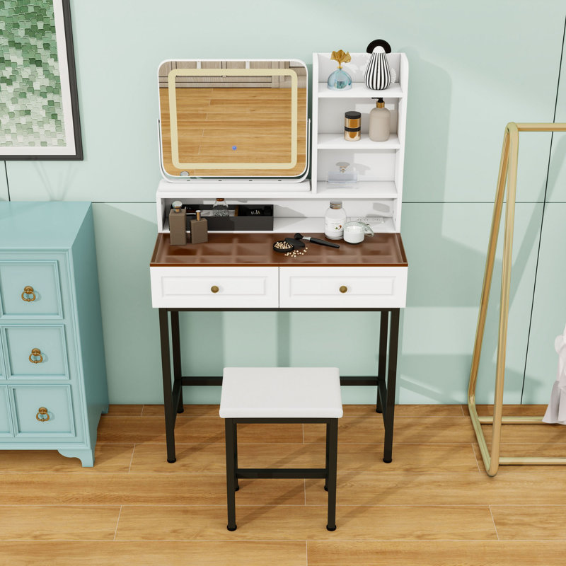 2 Drawers Makeup Vanity Desk with LED Lighted Mirror, Charging Station, Shelves and Cushioned Stool