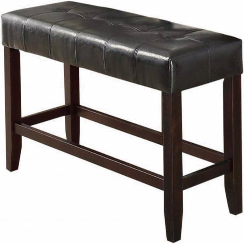 Counter Height 1Pc Bench Dining Room Black Faux Leather Cushion Tufted Seat Wooden Base Comfort Seat Kitchen Dining