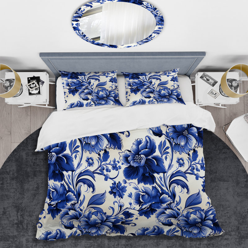 Ensemble de housse de couette Regal Cobalt Blue Damask Ii Victorian, Housse de couette simple + 1 taie décorative stan