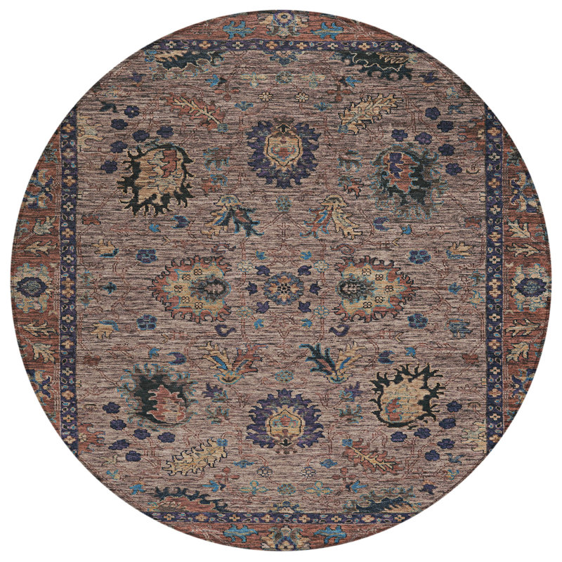 Tapis d'intérieur rond lavable floral brun et beige 8 pi