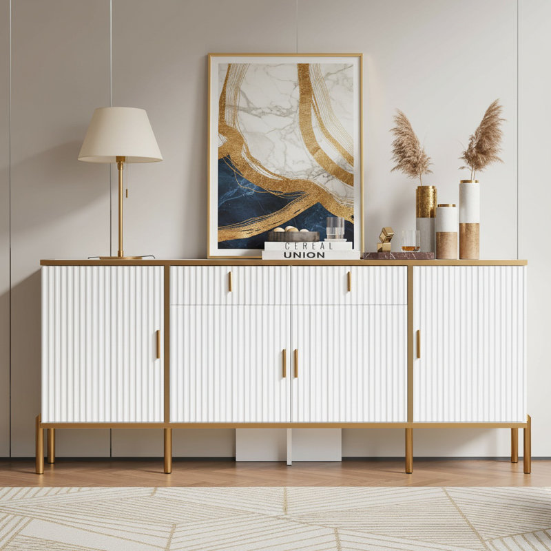 60" Fluted Sideboard Buffet Cabinet & TV Stand with Gold Legs, Modern Storage Console for TVs up to 65", White