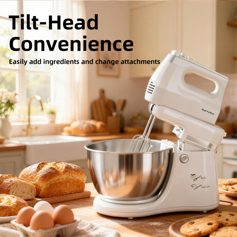 Stand Mixer Electric Kitchen Mixer, 4.8 QT Auto-Rotating Bowl & Beater Tilt-Head 2-IN-1 Standing Hand Mixer, 250 Watt 5-Speed with Turbo Boost Household Mixer with Beaters & Dough Hooks for Baking