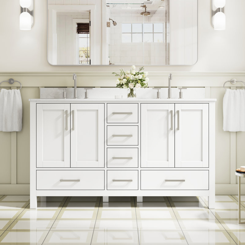 Meuble-lavabo autoportant en bois massif l 60 po x H 35 po avec comptoir en marbre de culture blanc de Carrare et double lavabo en céramique, blanc