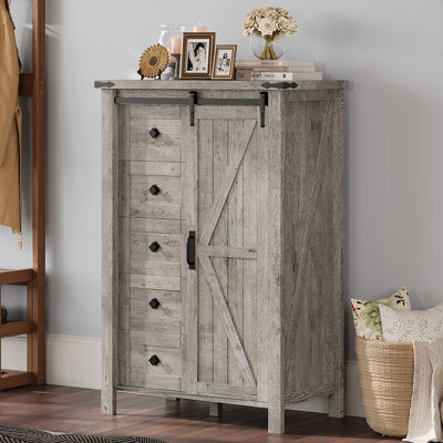 Commode haute de style campagnard Chiara Despres 80 cm (31,5 po) à 5 tiroirs avec portes coulissantes de style grange, grise