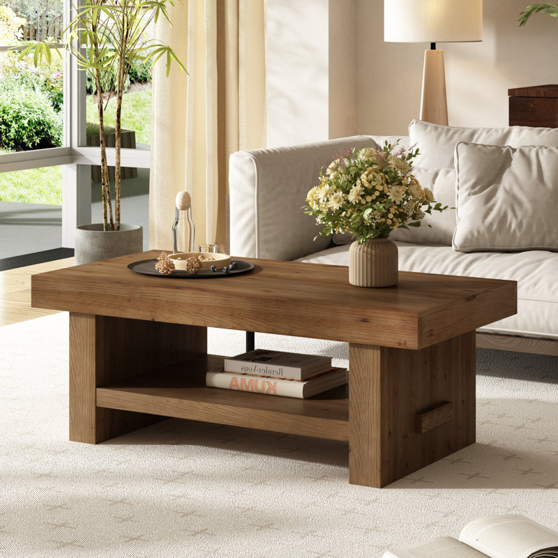 47'' Rectangle Solid Wood Coffee Table with Storage Shelf, Farmhouse 2-Tier Center Table for Living Room