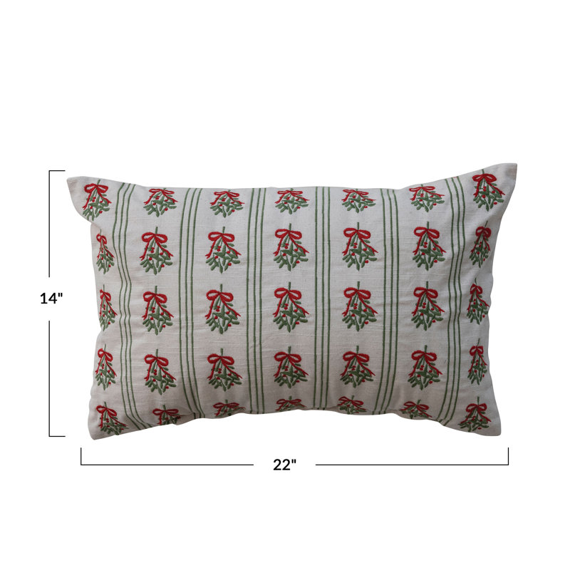 Mistletoe Stripe Embroidered Cotton Lumbar Pillow