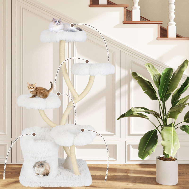 Freestanding Cat Tower Tall Cat Tree w/Flower-shaped Platforms-White