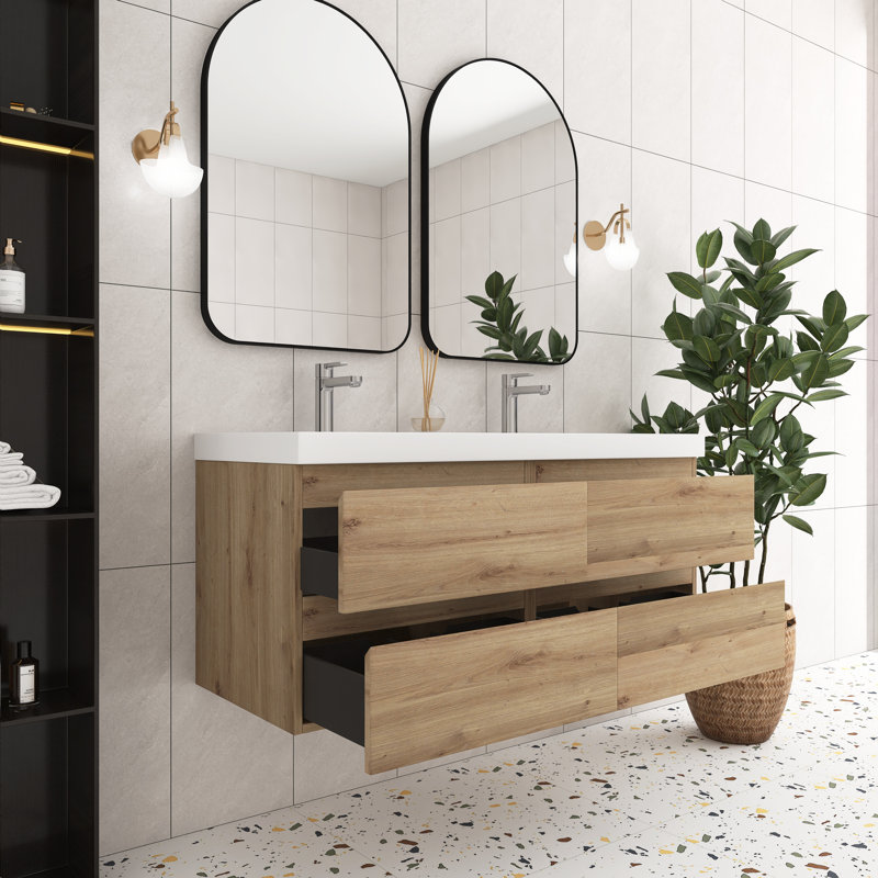 Ensemble de meuble-lavabo double 48 po en chêne avec plateau en résine intégré, Chêne