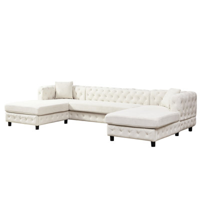 126-inch Chenille , U-shaped Pull Point Style, 2 Chaise Longue Seats, Pillows, Plastic Feet For Multiple Spaces - Beige 126" , With Design, Diverse Rooms And
