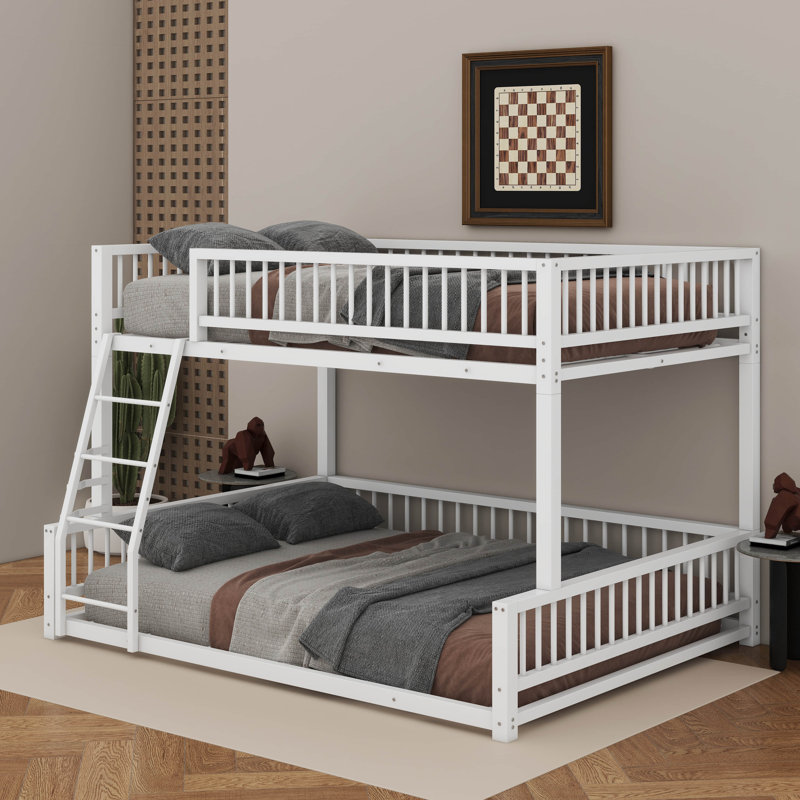 Full XL Over Queen Floor Bunk Bed Frame With Ladder, White, Full XL Over Queen