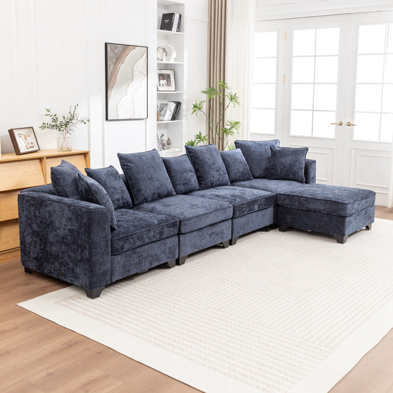 Canapé modulaire 5 pièces avec repose-pieds Bennett, Bleu