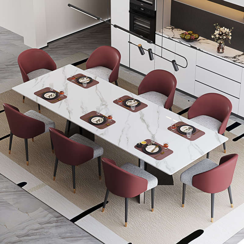 9 - Piece Faux Marble Dining Table Set With 94.5” Rectangular Extendable Sintered Stone Top And 8 Faux Leather Chairs