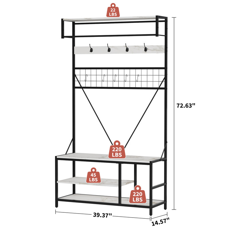 Arbre d'entrée 5 en 1 avec banc et rangement pour chaussures pour couloir chambre à coucher, Blanc