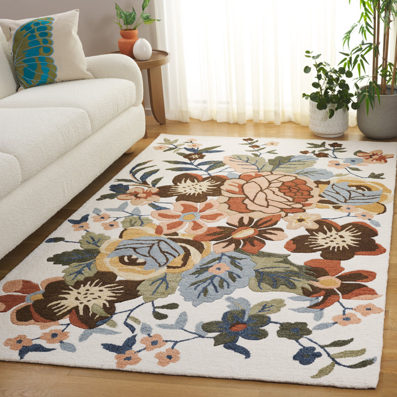 Laine touffetée à la main Jardin; Tapis d'intérieur floral en coton, Rectangulaire 3 pi x 5 pi