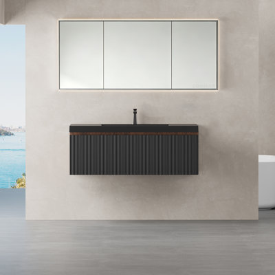Meuble-lavabo flottant mural moderne avec plateau en sable noir Quartz