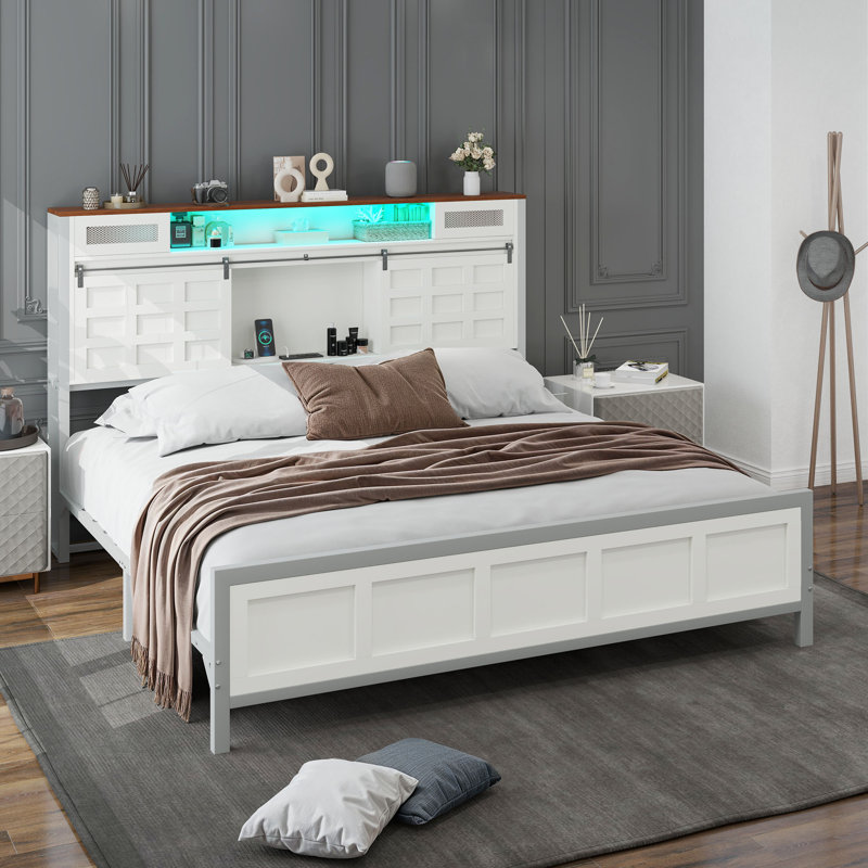 Farmhouse Platform Storage Bed with Bookcase Headboard and LED Lights, King, Walnut/White